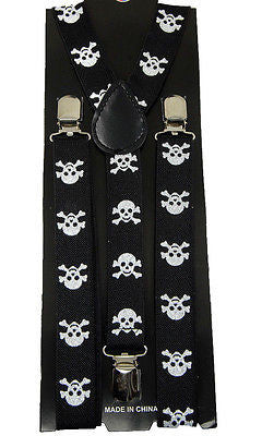 Unisex WIDE 1 1/2" BLACK WITH MULTIPLE WHITE SKULLS Y-Back suspenders-New!VERS3