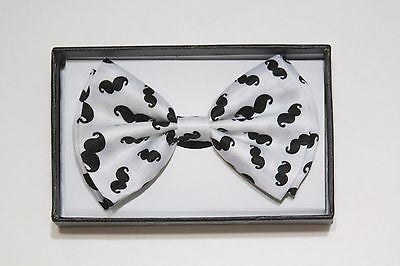 WHITE WITH BLACK MUSTACHES ADJUSTABLE  BOW TIE BOWTIE-NEW!IMUSTACHES BOW TIE