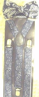 Dark Blue Paisley Pattern Adjustable Bow Tie & Blue Paisley Y-Back Suspenders