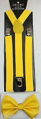 Solid Yellow Adjustable Bow Tie & WIDE Yellow Adjustable Suspenders Combo-New