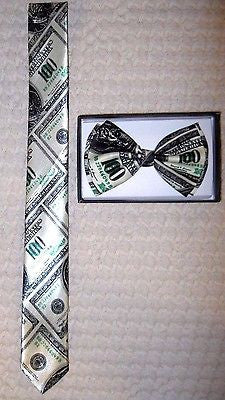 Benjamins Money 100 Dollar Bill Adjustable Bow Tie & Shinny $100 Bill Necktie