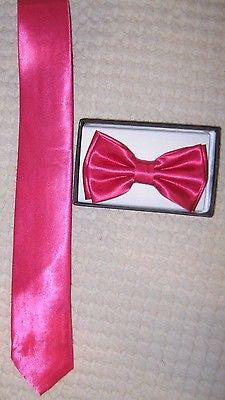Solid Hot Pink Neck tie & Hot Pink Adjustable Bow Tie Combo Set! New!