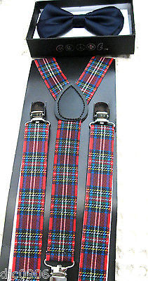 DARK NAVY BLUE TUXEDO ADJ BOW TIE+RED BLUE PLAID ADJUSTABLE SUSPENDERS COMBO!!