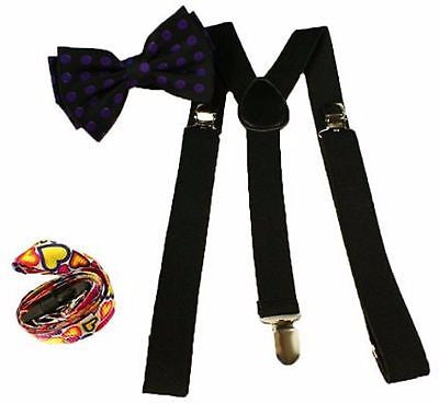 Black with Purple Polka Dots Bow tie& Adjustable Suspenders Combo Y-Back Set-New