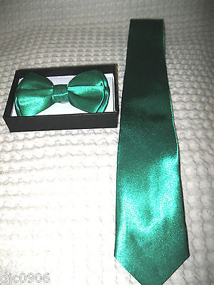 CHRISTMAS GREEN ADJUSTABLE BOWTIE + SOLID GREEN SHINY NECKTIE NECK TIE-NEW!