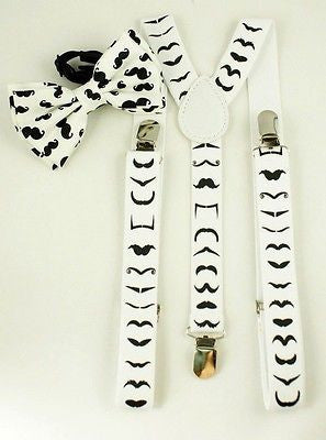 White with Black Mustaches Adjustable Suspenders and Matching Bow Tie Combo Set