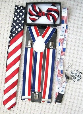 US Flag American Flag Suspenders,Lanyard,Tie &Red,White,Blue Stripes Bow Tie-v9
