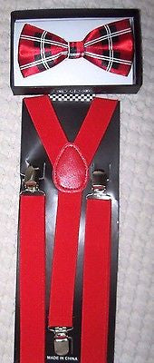 RED BLACK WHITE PLAID TUXEDO BOW TIE+ RED ADJUSTABLE SUSPENDERS COMBO SET