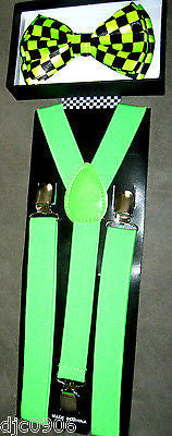Neon Green Black Checkered Adjustable Bowtie & Neon Green Suspenders Combo-New!