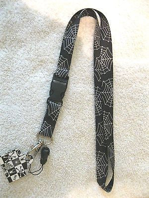 Large White Spiderwebs on Black 15" lanyard for ID Holder + Mobile Devices-New!