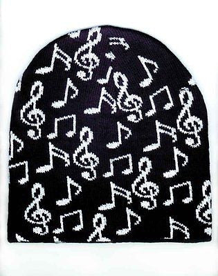 White Musical Notes on Black Winter Knitted Skull Beanie Ski Cap-New!Notes Cap