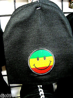 A Large Yellow Smiley Face with Green MJ Weed Leaves on Black Hat Cap Beanie-New