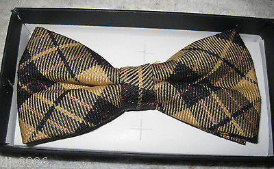 TAN BEIGE BROWN BLACK PLAID TUXEDO ADJUSTABLE  BOW TIE BOWTIE-NEW IN GIFT BOX!