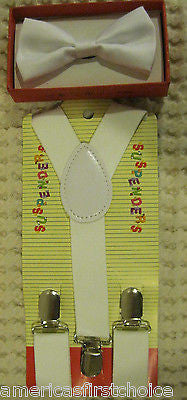 Kid's Boys Girls White Adjustable Pre-Tied Zip NeckTie & White Y-Back Suspenders