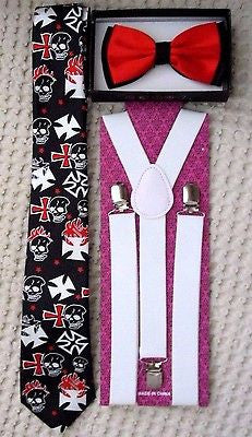 Black with White Flaming Skulls+Crosses Necktie+BLACK Adjustable Suspenders Set