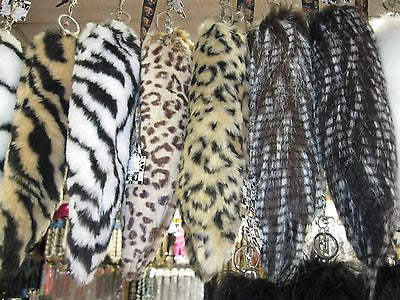 BROWN WITH WHITE STRIPES FAUX TIGER TAIL FOX TAIL FOXTAIL KEYCHAIN 12" CLIP
