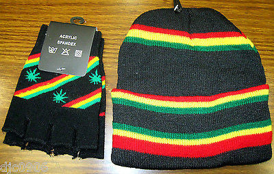 Rasta Red,Yellow,Green MJ Beanie Ski Cap + Rasta MJ Marijuana Leaves Gloves -New