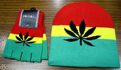 Rasta Red,Yellow,Green Large MJ Leaf Beanie Ski Cap+Rasta Large MJ Leaf Gloves