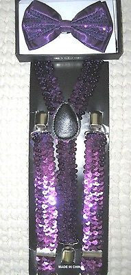 Purple Sequin Bowtie Bow Tie & Purple Sequin Adjustable Suspenders Combo Set-V3