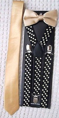 Gold Bow Tie,Gold 3" NeckTie, & Gold Stars 1" Adjustable Y-Back Suspenders Combo