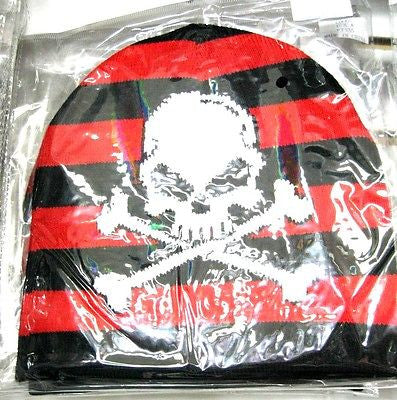 White Skull Cross Bones Red & Black Strips Winter Knitted Skull Beanie Ski Cap