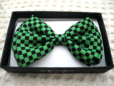 UNISEX TUXEDO BLACK AND GREEN CHECKERED ADJUSTABLE STRAP BOW TIE-NEW GIFT BOX!
