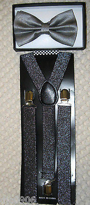 GRAY SILVER SEQUIN PATTERN  ADJUSTABLE  BOW TIE + SILVER GLITTER SUSPENDERS SET2