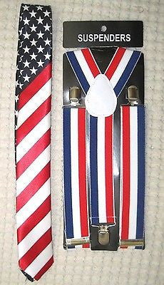 US Flag American Flag 1 1/2" Adjustable Suspenders& US Patriotic Flag Neck Tie