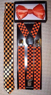 Orange & Black Checkered Necktie and Orange&Black Checkered Y-Back Suspenders-V1