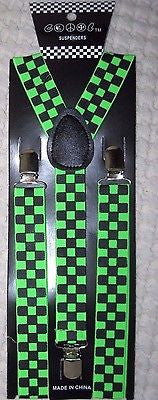 Unisex Green and Black Checkers Checkered Adjustable Y-Style Back suspenders-New
