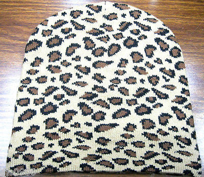 Tan Beige Black Spots Leopard Print Winter Knitted Skull Beanie Ski Cap-New!