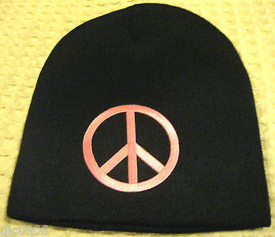 Large Light Pink Peace Sign Symbol on Black Hat Cap Beanie-Peace Sign Beanie-New