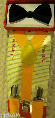 White Kid's Boys Girls Y-Style Back Adjustable Bow Tie & Yellow Kids suspenders