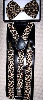 Leopard Print Unisex Adjustable Bow tie & Leopard Adjustable Suspenders Set-New