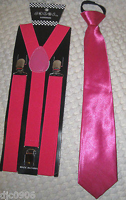 Hot Pink Bow Tie,Hot Pink Matching Pre-Tied Neck tie&Hot Pink Suspenders Set-New