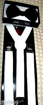 Solid Black Adjustable Bowtie & Solid White Adjustable Suspenders Combo-New!