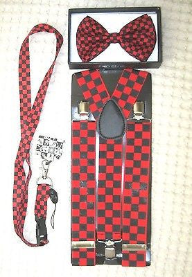 Black&Red Checkers Bow tie,Black&Red Lanyard,& 1 1/2" B&R Checkered Suspenders-2