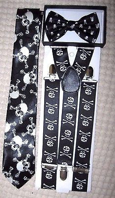 Unisex Skulls&Crossbones, Neck Tie,& Wide Skulls&Crossbones Suspenders Combo-VR3