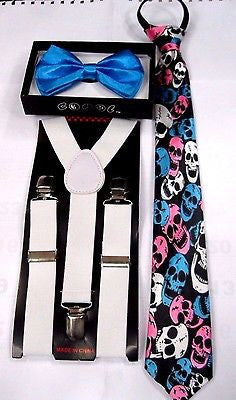 Teen's BLUE Adjustable Bow Tie,BLUE NeckTie & BLUE Y-Back Adjustable Suspenders