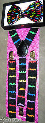 Multi Color Mustaches Adjustable Bow tie & Matching Adjustable Suspenders Combo