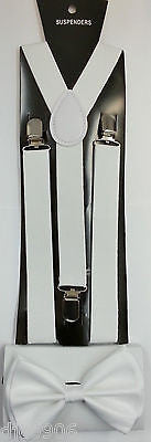 Solid White Adjustable Bow Tie & Solid WHITE Adjustable Suspenders Combo-New