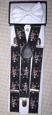 Unisex Skulls&Crossbones Adjustable Bow tie & 1 1/2" WIDE Adjustable Suspenders8