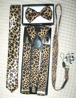 Black&White Checkers Bow tie,Necktie,Wide 1 1/2 Leopard Suspenders,&Lanyard