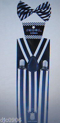 Black with White Tips Adjustable Bow Tie & Black White Stripes Suspenders Set-V1