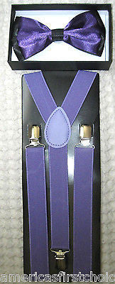 PURPLE BLACK TIPS TUXEDO ADJUSTABLE BOW TIE+PURPLE ADJUSTABLE SUSPENDERS COMBO