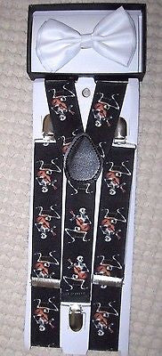 Unisex Solid White Ajustable Bow tie & 1 1/2" WIDE Skulls Adjustable Suspenders