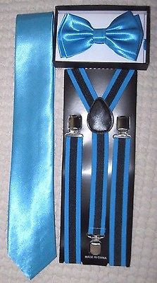 Turquoise French Blue Black Checkered Bow Tie,3" Neck Tie,&Adjustable Suspenders