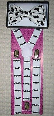 White with Black Mustaches Adjustable Suspenders+White w/ Black Mustache Bow Tie