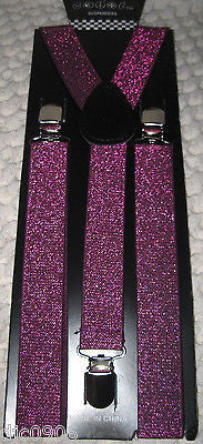 Hot Pink Adjustable Bow Tie,Pink Neck tie & Pink Glittered Suspenders Set-New !