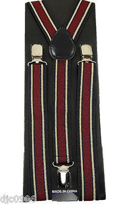 Unisex Mens Burgundy/Black/Beige Stripes Y-Back Design Adjustable Suspenders-New